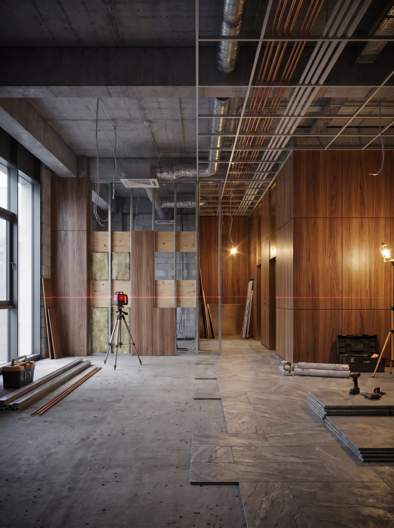 The same space mid-build — services, joinery and lighting arriving in sequence