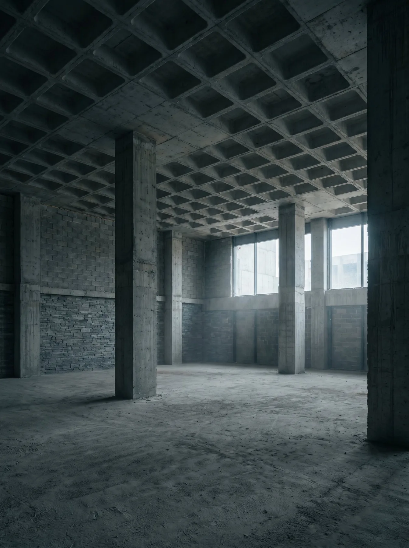 A bare concrete shell — stone walls, raw slab, exposed services